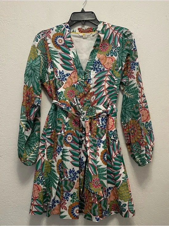 Boden Notch Neck Dress US Size 6P Orchid Petal Passion Bloom Green Floral Tie - Picture 2 of 11